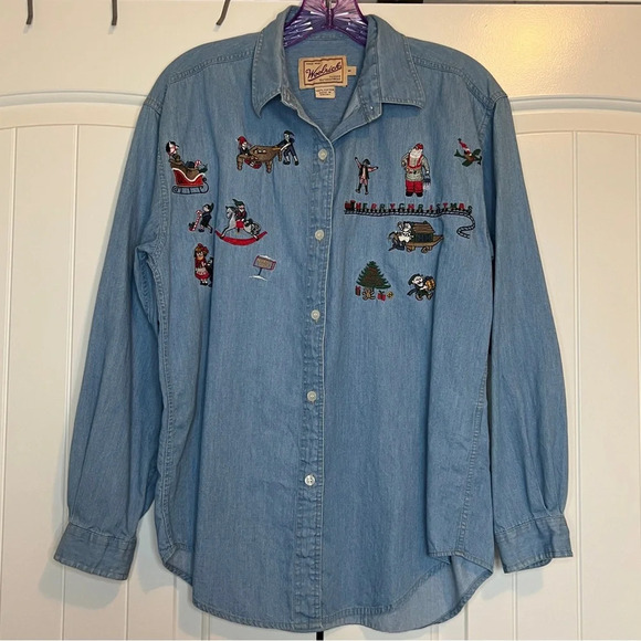Woolrich Tops - Vintage Woolrich Denim Chambray Christmas Santa Eves Shirt Size Small